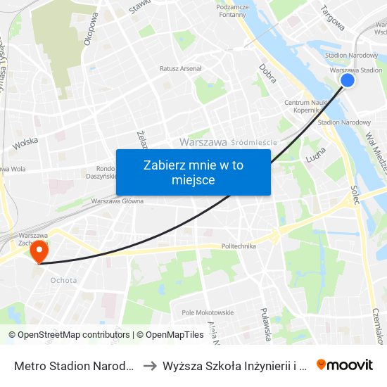 Metro Stadion Narodowy 07 to Wyższa Szkoła Inżynierii i Zdrowia map