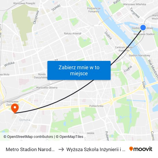 Metro Stadion Narodowy 02 to Wyższa Szkoła Inżynierii i Zdrowia map