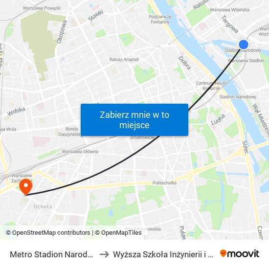 Metro Stadion Narodowy to Wyższa Szkoła Inżynierii i Zdrowia map