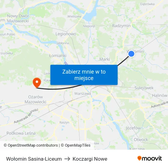 Wołomin Sasina - Liceum to Koczargi Nowe map