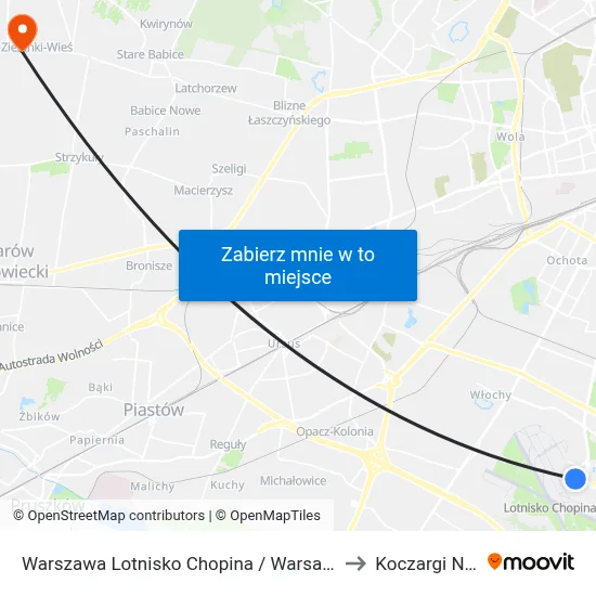 Warszawa Lotnisko Chopina / Warsaw Airport to Koczargi Nowe map