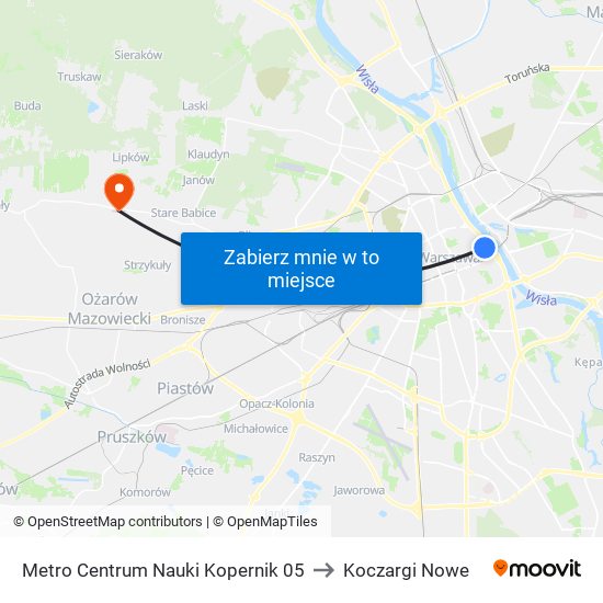 Metro Centrum Nauki Kopernik 05 to Koczargi Nowe map