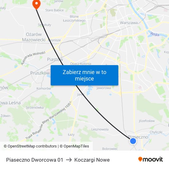 Piaseczno Dworcowa 01 to Koczargi Nowe map