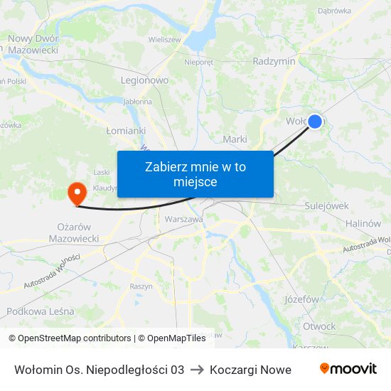 Wołomin Os. Niepodległości 03 to Koczargi Nowe map