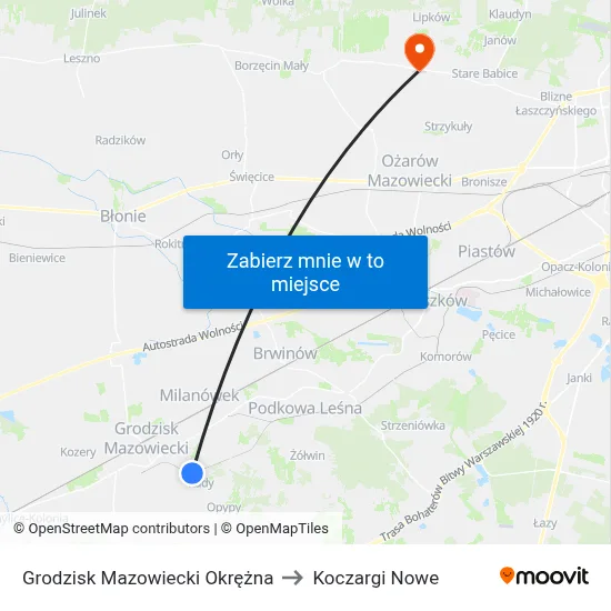 Grodzisk Mazowiecki Okrężna to Koczargi Nowe map