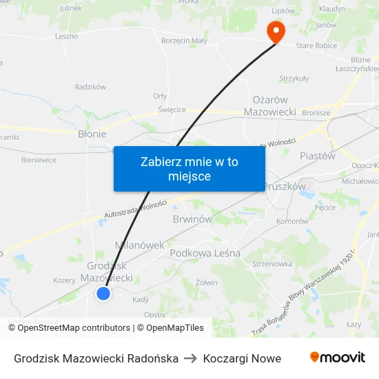 Grodzisk Mazowiecki Radońska to Koczargi Nowe map