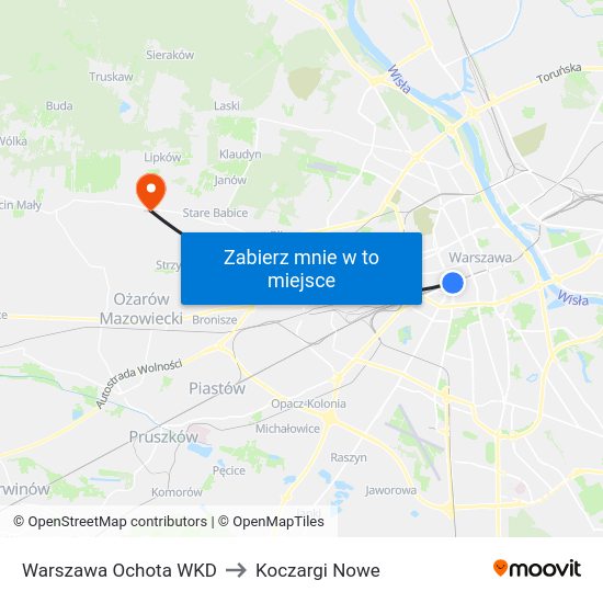 Warszawa Ochota WKD to Koczargi Nowe map