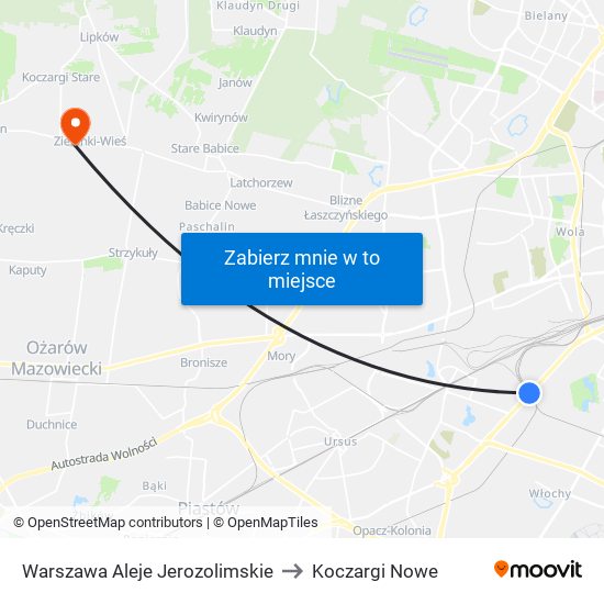 Warszawa Aleje Jerozolimskie to Koczargi Nowe map