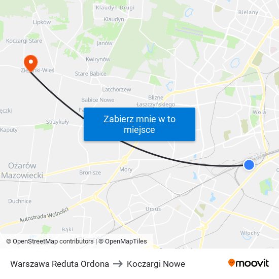 Warszawa Reduta Ordona to Koczargi Nowe map