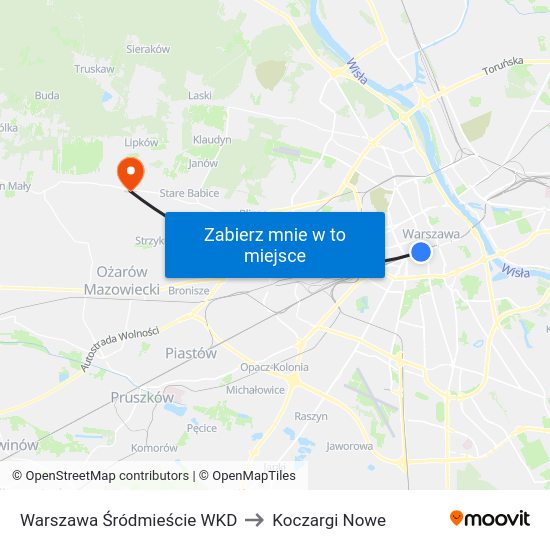 Warszawa Śródmieście WKD to Koczargi Nowe map