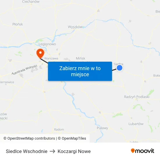 Siedlce Wschodnie to Koczargi Nowe map