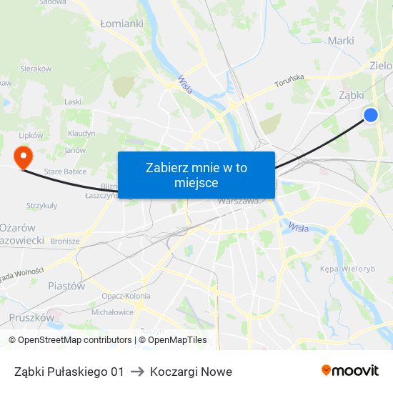 Ząbki Pułaskiego 01 to Koczargi Nowe map