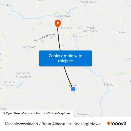 Michalczewskiego / Brata Alberta to Koczargi Nowe map