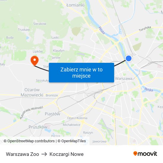 Warszawa Zoo to Koczargi Nowe map