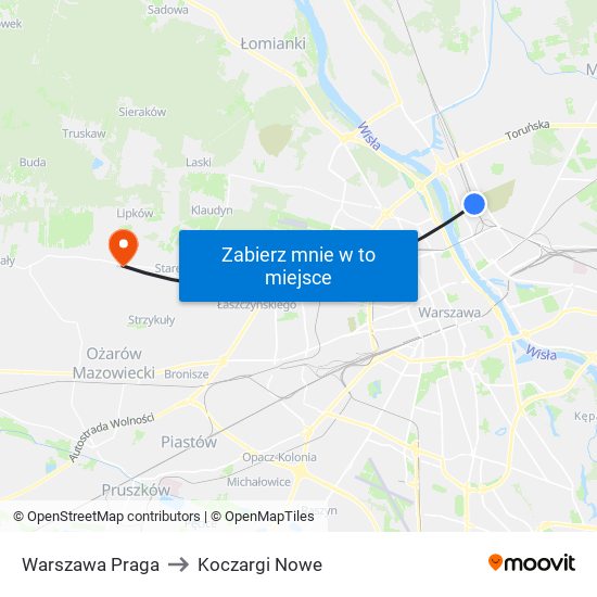 Warszawa Praga to Koczargi Nowe map