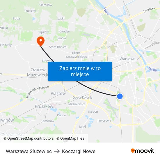 Warszawa Służewiec to Koczargi Nowe map