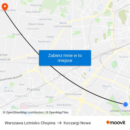 Warszawa Lotnisko Chopina to Koczargi Nowe map