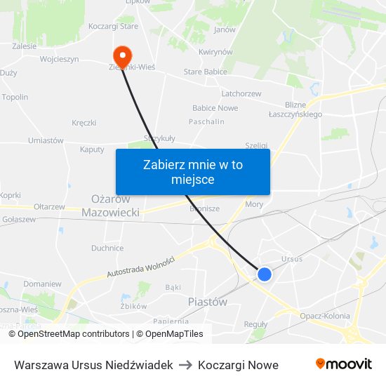 Warszawa Ursus Niedźwiadek to Koczargi Nowe map