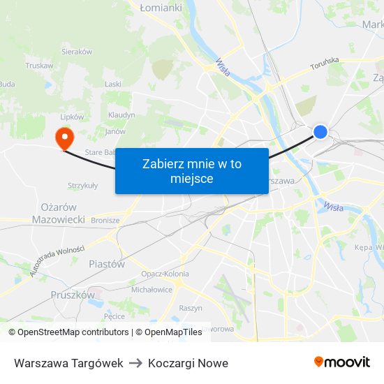 Warszawa Targówek to Koczargi Nowe map