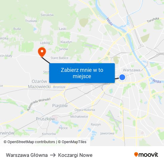 Warszawa Główna to Koczargi Nowe map