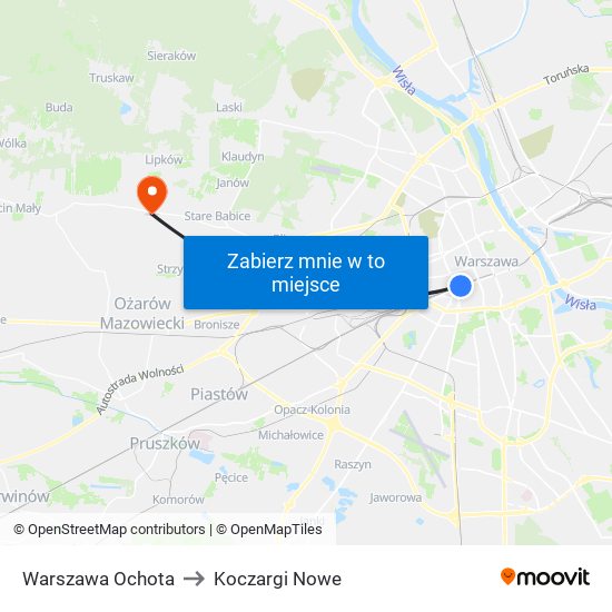 Warszawa Ochota to Koczargi Nowe map