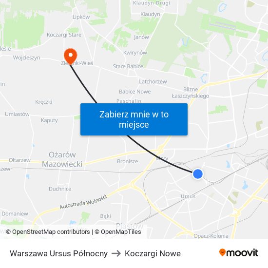 Warszawa Ursus Północny to Koczargi Nowe map