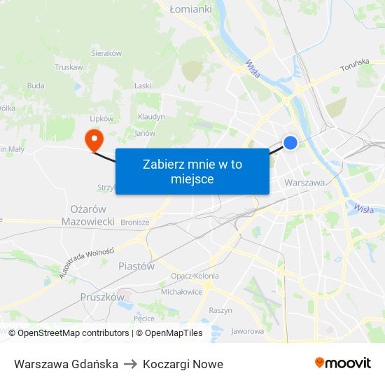 Warszawa Gdańska to Koczargi Nowe map