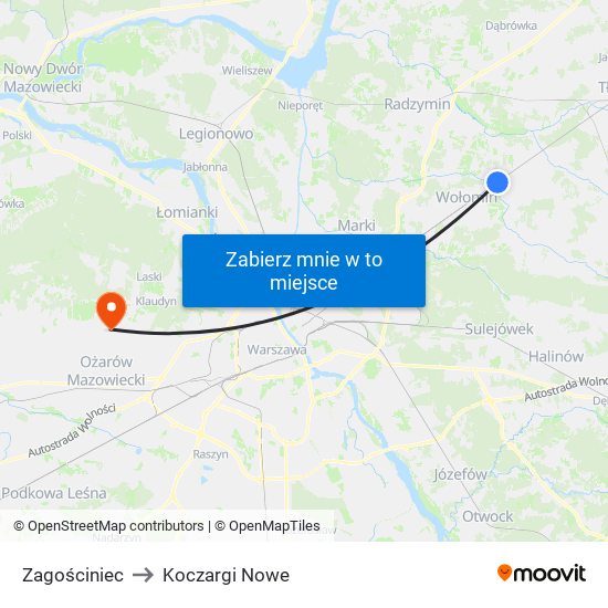 Zagościniec to Koczargi Nowe map