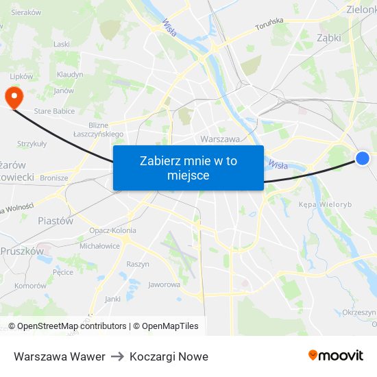 Warszawa Wawer to Koczargi Nowe map