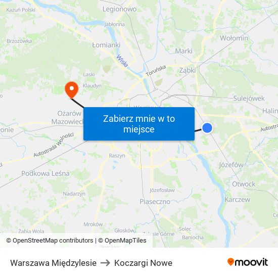 Warszawa Międzylesie to Koczargi Nowe map