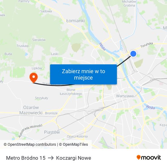 Metro Bródno 15 to Koczargi Nowe map