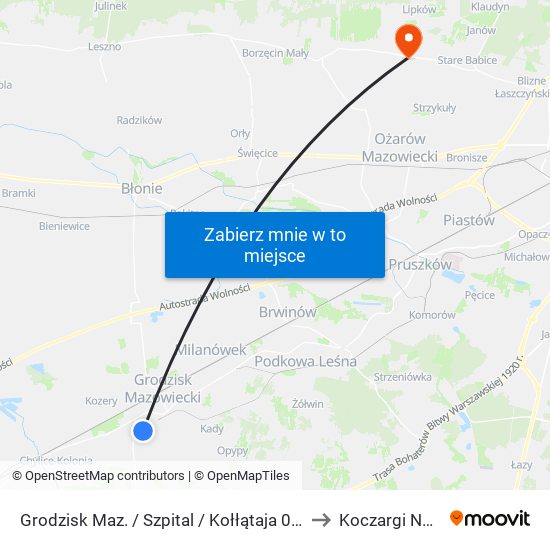 Grodzisk Maz. / Szpital / Kołłątaja 01 (Nż) to Koczargi Nowe map