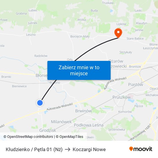 Kłudzienko / Pętla 01 (Nż) to Koczargi Nowe map