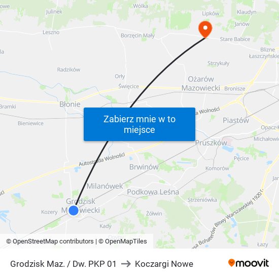 Grodzisk Maz. / Dw. PKP 01 to Koczargi Nowe map