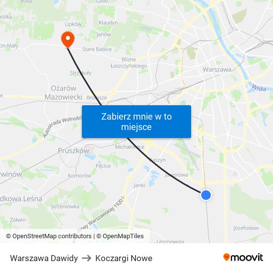 Warszawa Dawidy to Koczargi Nowe map