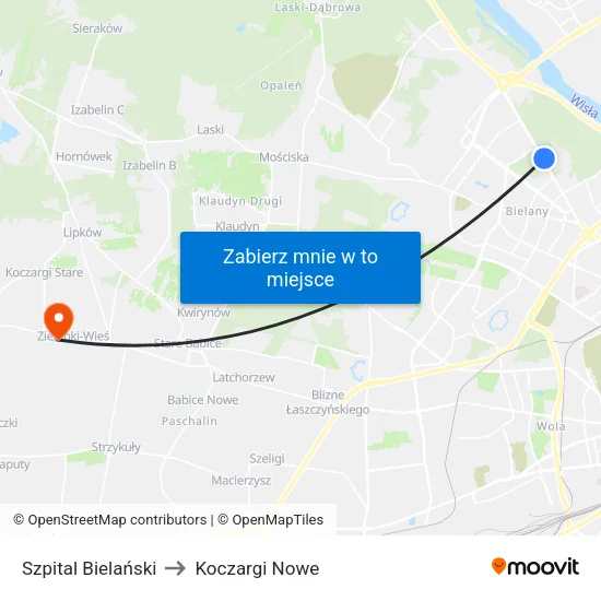 Szpital Bielański to Koczargi Nowe map