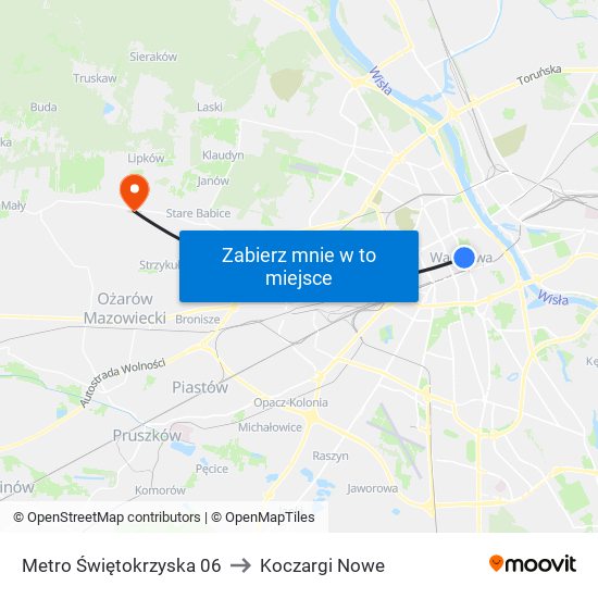 Metro Świętokrzyska 06 to Koczargi Nowe map