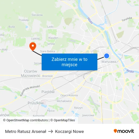 Metro Ratusz Arsenał to Koczargi Nowe map