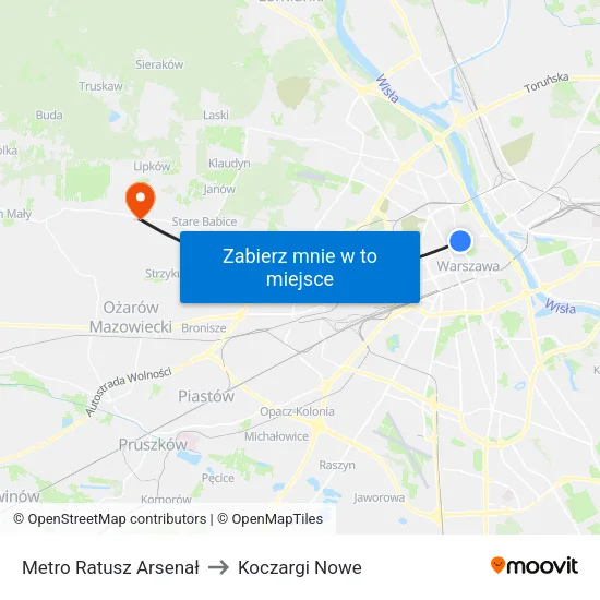 Metro Ratusz Arsenał to Koczargi Nowe map
