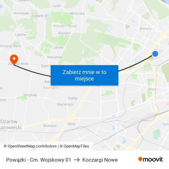 Powązki-Cm. Wojskowy to Koczargi Nowe map