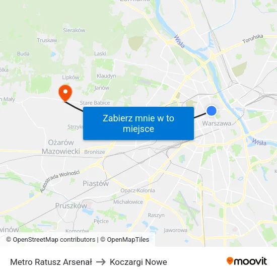 Metro Ratusz Arsenał to Koczargi Nowe map