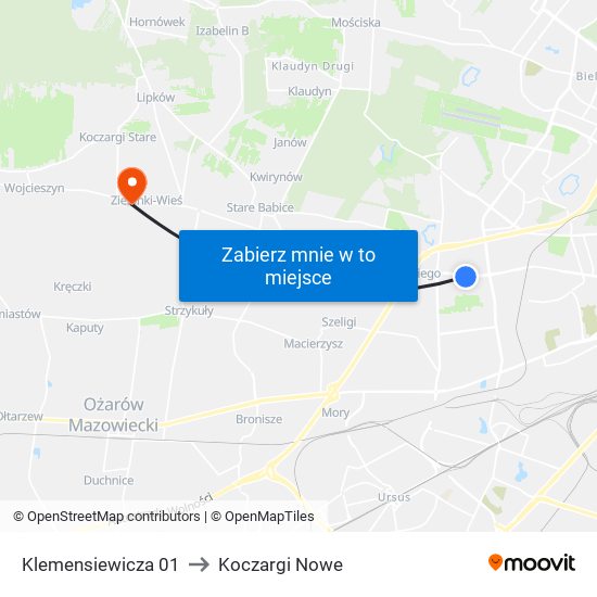 Klemensiewicza 01 to Koczargi Nowe map