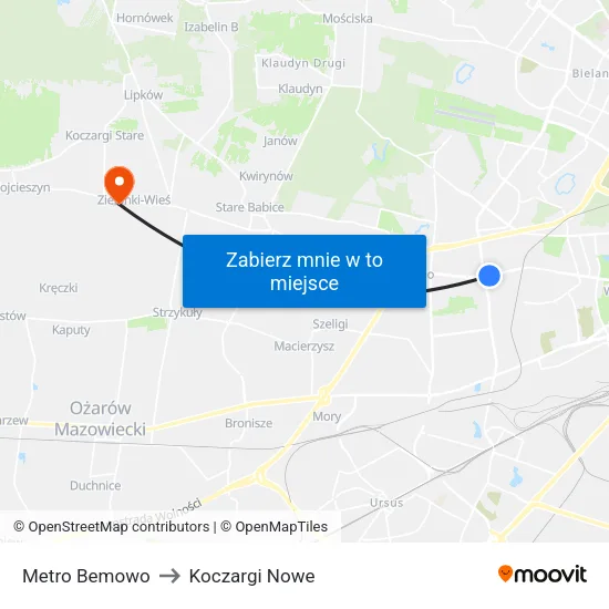 Metro Bemowo to Koczargi Nowe map