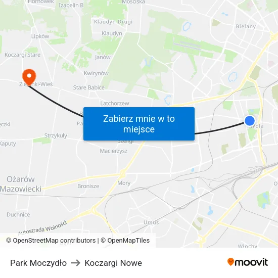 Park Moczydło to Koczargi Nowe map