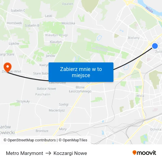 Metro Marymont to Koczargi Nowe map