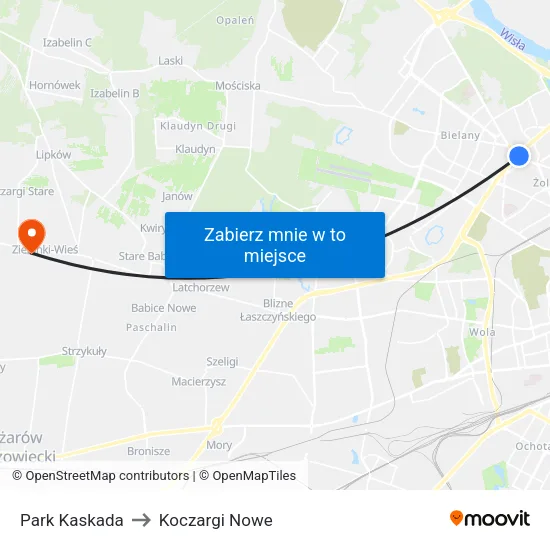 Park Kaskada to Koczargi Nowe map