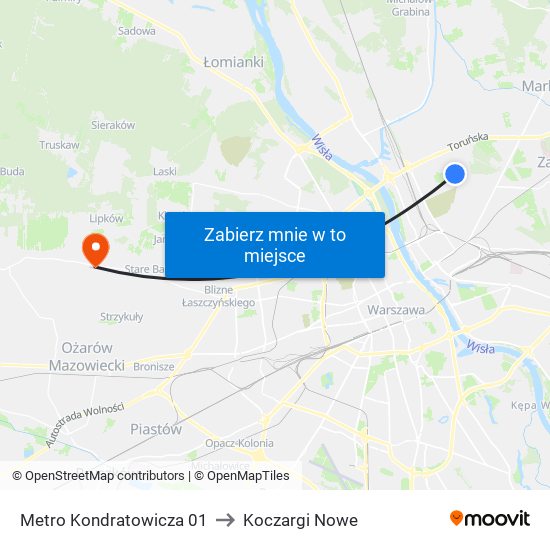 Metro Kondratowicza to Koczargi Nowe map