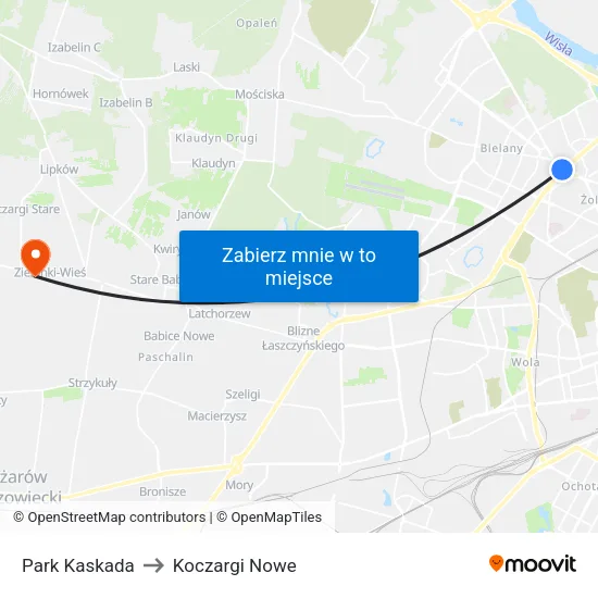 Park Kaskada to Koczargi Nowe map