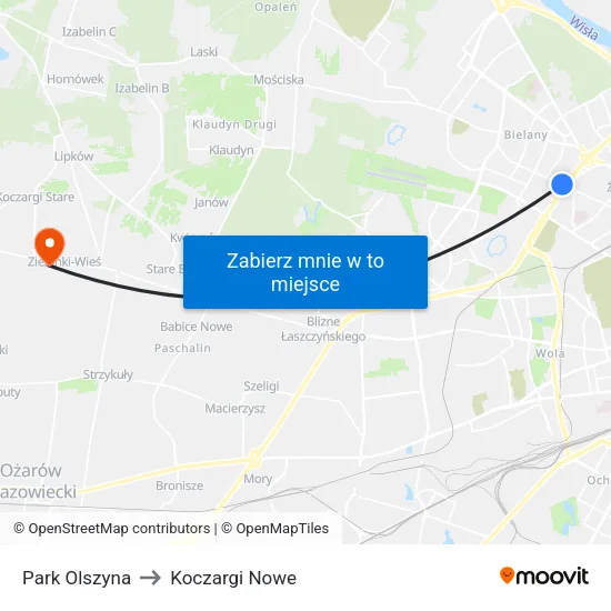 Park Olszyna to Koczargi Nowe map