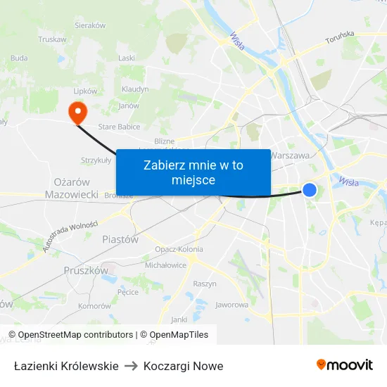 Łazienki Królewskie to Koczargi Nowe map